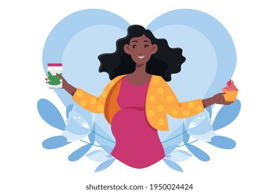 Smiling pregnant woman is craving cupcake and pickles. Cute mother to be experiencing a child. Concept of pregnancy sweet and sour cravings period. Flat cartoon vector illustration