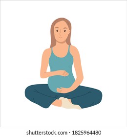 Smiling pregnant woman doing yoga and meditation.Happy pregnancy period. Vector hand drawn illustation isolated on white background.