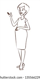 A smiling pregnant woman in a dress and shoes is pointing at something. Modern flat vector illustration, outline on white background.