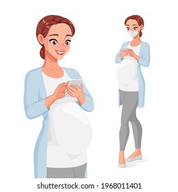 Smiling Pregnant Woman In Face Mask Using Mobile Phone. Full Size Under Clipping Mask. Cartoon Vector Character Isolated On White Background.