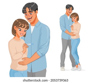 Smiling pregnant woman and her husband with positive pregnancy test result. Happy young Asian couple expecting a baby. Cartoon vector illustration.