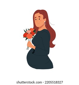 Smiling pregnant woman holding flower bouquet. Young female character with roses floral bunch. Mother's, Valentine's, Women's Day concept. Flat graphic vector illustration isolated on white background