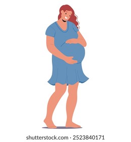 Smiling Pregnant Woman Holding Her Belly While Wearing A Blue Dress. Cartoon Vector Illustration Captures The Joy And Expectation Of Motherhood, Portraying A Tranquil And Happy Moment In Pregnancy