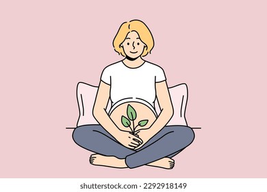 Smiling pregnant woman sit on bed hold green plant at belly. Happy future mother excited with motherhood. Concept of new life and fertility. Vector illustration. 