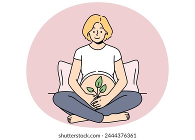 Smiling pregnant woman sit on bed hold green plant at belly. Happy future mother excited with motherhood. Concept of new life and fertility. Vector illustration.