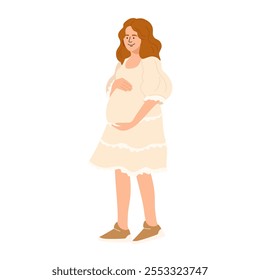 Smiling pregnant woman stroking her baby bump, eagerly awaiting birth of long-awaited child. Concept of healthy pregnancy and motherhood. Happy young mother with pregnancy belly. Vector illustration