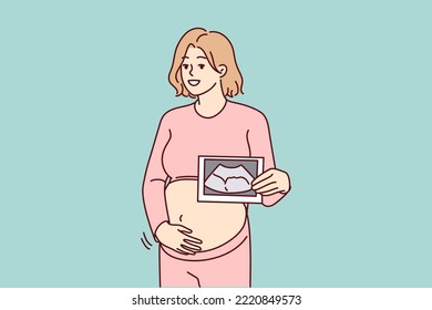Smiling pregnant woman touch belly show scan of embryo. Happy future mom hold ultrasound picture of baby. Pregnancy and motherhood. Vector illustration. 