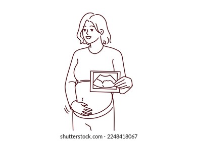 Smiling pregnant woman touch belly show scan of embryo. Happy future mom hold ultrasound picture of baby. Pregnancy and motherhood. Vector illustration. 