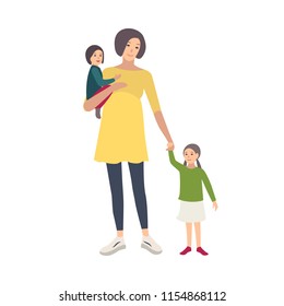 Smiling pregnant woman walking with her daughters isolated on white background. Adorable adult female cartoon character spending time with children. Happy family. Vector illustration in flat style