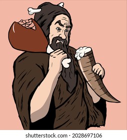 Smiling prehistoric man with a bitten fried pork leg and a horn with beer in his hands