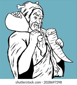 Un hombre prehistórico sonriente con una pierna de cerdo frita y un cuerno con cerveza en las manos