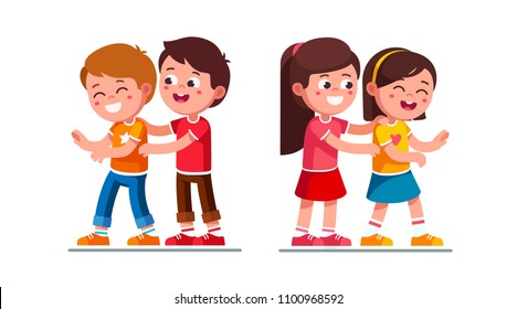 Smiling preschool boy and girl kids tickling laughing friends. Happy kids tickle each other playing together having fun. Children cartoon characters set. Flat vector illustration on white background