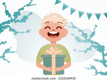 Smiling preschool boy holding a box with a bow. Birthday. Cartoon style. Vector illustration