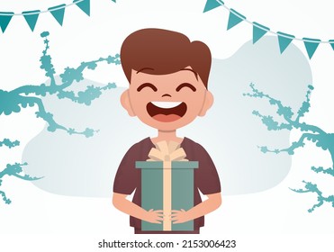 Smiling preschool boy holding a gift box. Birthday. Cartoon style. Vector illustration