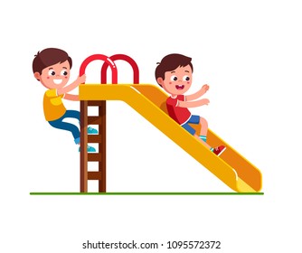 Smiling preschool boy sliding down slide and happy friend climbing up ladder. Kids playing together on playground. Children cartoon characters. Flat vector illustration on white background