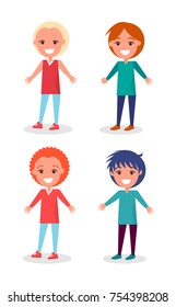 Smiling preschool boys in different clothes and hairstyles set isolated on white background vector illustrations, cute cartoon youngsters
