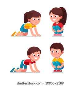 Smiling preschool boys and girls squatting on haunches and crawling on knees activity. Kids playing together. Children cartoon characters set. Flat vector illustration isolated on white background