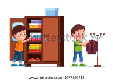 Smiling preschool boys kids taking clothes out of closet shelf and hanging suit jacket on floor hanger stand. Child cartoon characters. Childhood & kids preschool development. Flat vector illustration