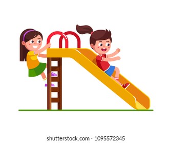 Smiling preschool girl sliding down slide and happy friend climbing up ladder.  kids playing together on playground. Children cartoon characters. Flat vector illustration  on white background