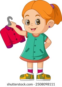 Smiling preschool girls holding hanging coat on hanger of illustration