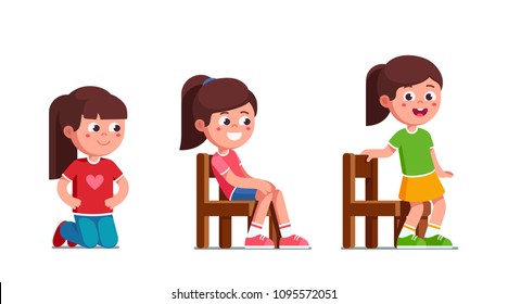 Smiling preschool girls standing on knees, sitting and standing up from chair activity. Happy  child cartoon characters set. Flat vector illustration isolated on white background