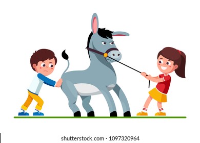 Smiling preschool kids girl pulling stubborn donkey on reins and unhappy boy pushing it. Kids playing together with donkey. Pulling and pushing children cartoon characters. Flat vector illustration