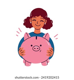 Niña adolescente sonriente con un banco de cerdos en las manos aislada en un fondo blanco. Ilustración vectorial plana de un concepto de financiación de la planificación del carácter afroamericano de la mujer, economía monetaria. 