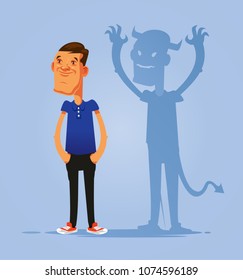 Smiling pretending good person double face man character with devil shadow. Hypocrisy concept. Vector flat cartoon isolated illustration