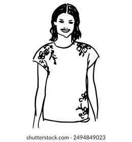 Smiling pretty brunette girl wearing fancy top. Portrait of a beautiful woman in summer cloth. Hand drawn linear doodle rough sketch. Black and white silhouette.