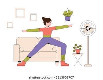 Smiling pretty girl doing fitness at home. Morning workout indoor. Physical and spiritual practice. Reducing level of stress doing sports. Vector illustration on white background