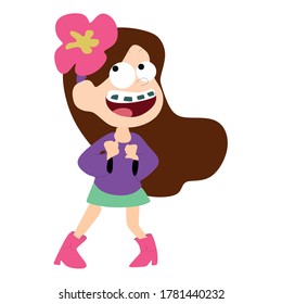 Smiling, pretty girl wears braces. A funny child who achieves the perfect smile with the help of orthodontic treatment