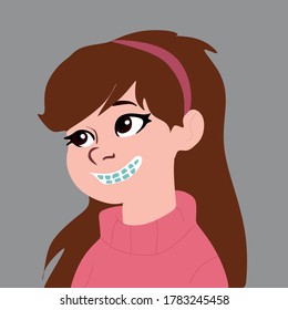 Smiling, pretty girl wears braces. A funny child who achieves the perfect smile with the help of orthodontic treatment