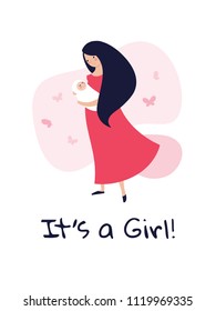 Smiling pretty woman in pink dress holding newborn girl on a greeting card for baby birth with text "It's a girl!". Vector flat illustration with mother and child in modern style isolated on white 