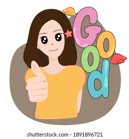 Smiling pretty woman showing thumbs up. Body language. I like that. Good job. Vector illustration