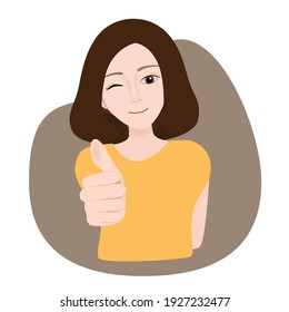 Smiling pretty woman showing thumbs up. Body language. I like that. Good job. Vector illustration