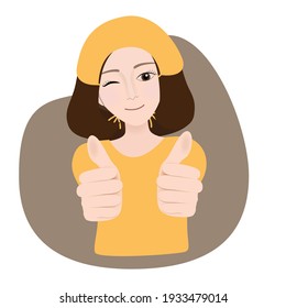 Smiling pretty woman showing thumbs up. Body language. I like that. Good job. Vector illustration