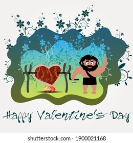 smiling primitive bearded man, raising his hand in a welcoming gesture, fries a large piece of meat in the form of a heart against a background of abstract shapes and plant elements. vector