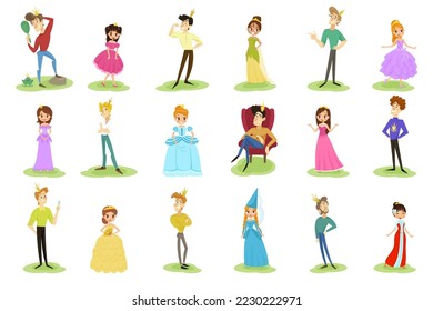 Smiling Prince and Princess Wearing Crown and Dressy Look Garment Vector Illustration Set