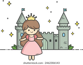 A smiling princess with a crown stands in front of her castle - Coloring page for children. Hand drawing vector illustration in black outline on a white background.