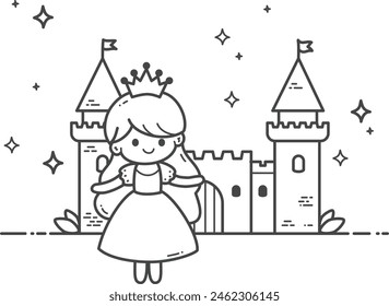 A smiling princess with a crown stands in front of her castle - Coloring page for children. Hand drawing vector illustration in black outline on a white background.