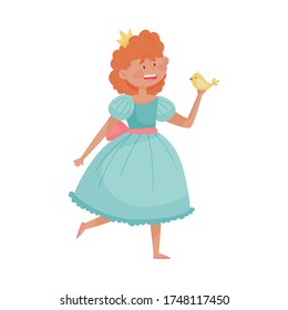 Smiling Princess with Red Hair Wearing Crown and Dressy Look Garment Holding Bird in Her Hands Vector Illustration