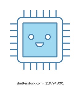 Smiling processor color icon. Well working microprocessor. Chip, microchip, chipset in good quality. CPU. Central processing unit. Integrated circuit. Isolated vector illustration