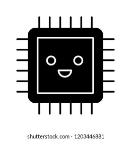 Smiling processor glyph icon. Well working microprocessor. Chip, microchip, chipset in good quality. CPU. Central processing unit. Integrated circuit. Silhouette symbol. Vector isolated illustration