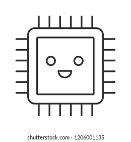 Smiling processor linear icon. Well working microprocessor. Thin line illustration. Chip, microchip, chipset in good quality. CPU. Integrated circuit. Vector isolated outline drawing. Editable stroke