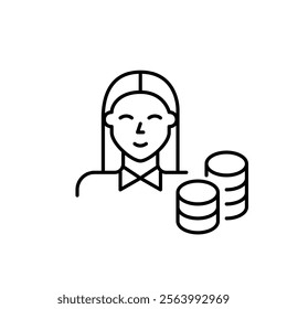 Smiling professional looking woman in dress shirt and stack of coins. Financial advisor, smart investor. Pixel perfect vector icon