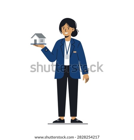 Smiling professional real estate agent woman holding a miniature house model in her hand, vector illustration on white background