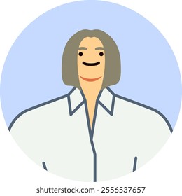 Smiling professional woman with gray hair and a white shirt, set against a light blue circular background, creating a modern and approachable avatar icon