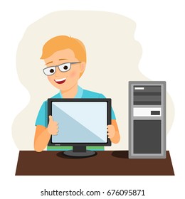 Smiling programmer giving thumbs up sign .Isolated on white background. Cartoon style. Vector illustration
