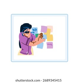 Gerente de projeto sorridente organizando notas adesivas em um quadro branco, organizando tarefas e ideias durante uma reunião colaborativa no escritório, promovendo trabalho em equipe e inovação