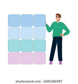 Gerente de projeto sorridente apresentando um quadro de planejamento colorido preenchido com caixas vazias, ilustrando os conceitos de gerenciamento de projeto e planejamento de negócios eficaz em um ambiente de escritório